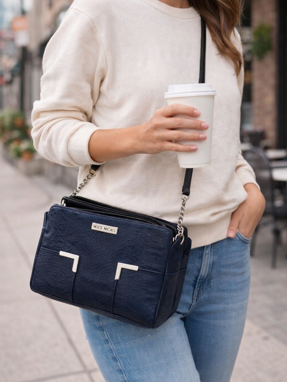 MICHE McCall Navy Snakeskin Embossed Crossbody convertible Shoulder Bag Purse
